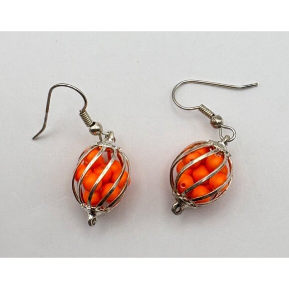 Orange Bead Dangle Earrings With Silver Wire Style Cage Retro 80s Vibrant Fun - Picture 2 of 6